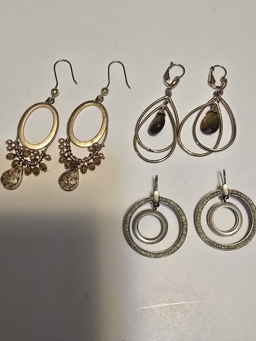 3 Pairs! Gold-Tone Dangle Earrings Trio - Elegant Oval, Teardrop and Hoop Styles